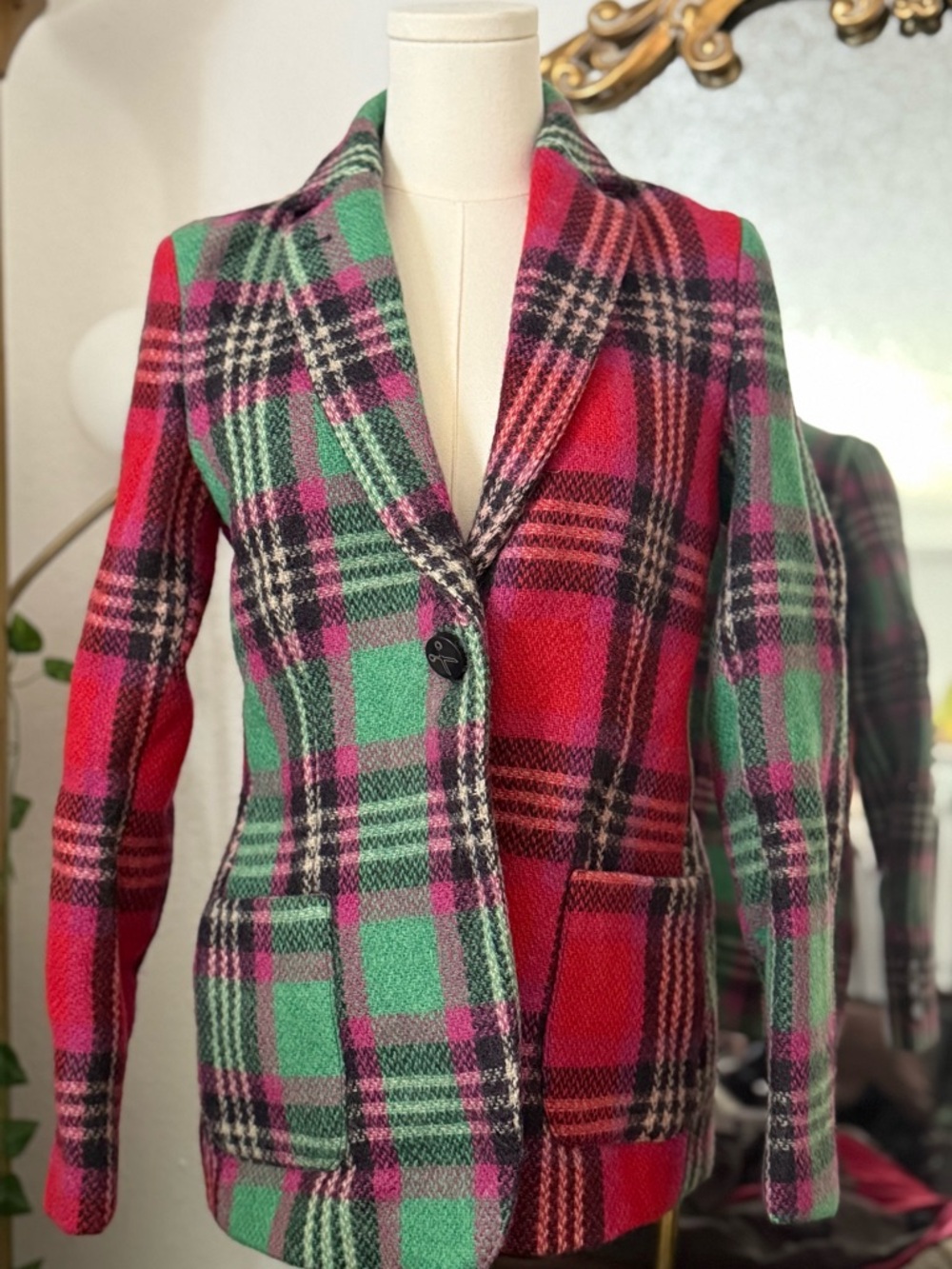 Vilagallo Red & Green Plaid Notch Collar Blazer